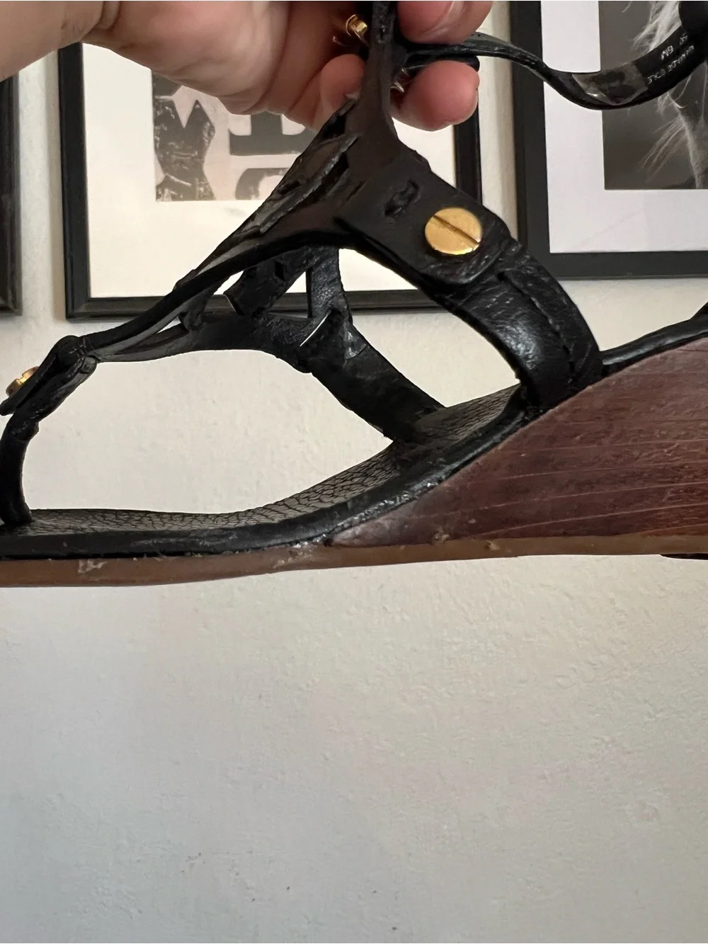 Tory Burch Miller  Black Leather Wedge Strappy Sandal Size 6M